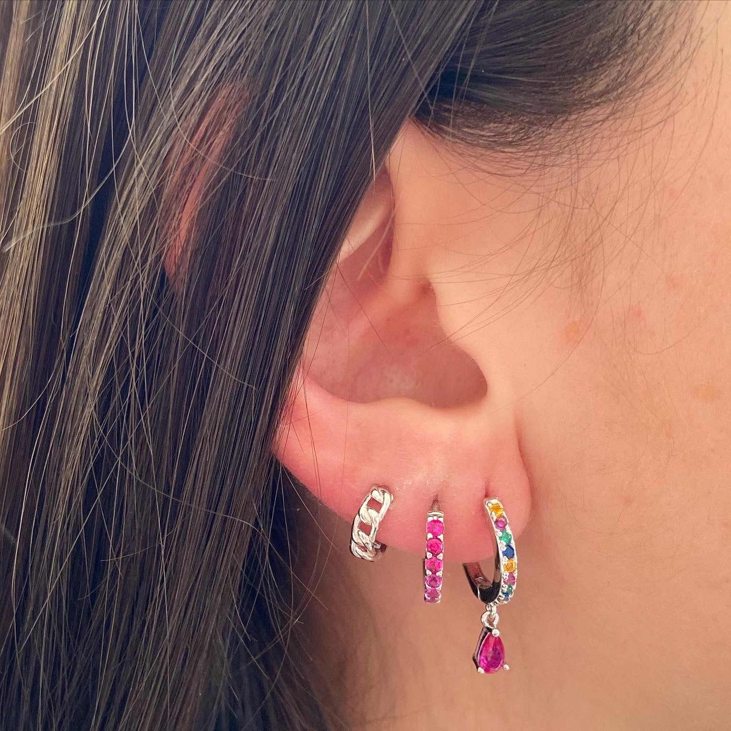 Pink zirconia tear hoop silver - ByMirelae